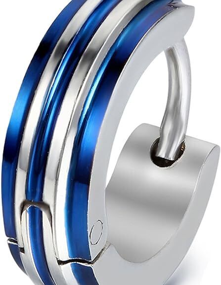 316L Surgical Steel Striped Blue/Black Men Women Hypoallergenic Hoop Earrings